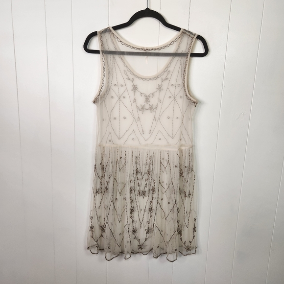 Free People Sheer Mesh Beaded Art Deco Mini Dress Sleeveless Eras Boho Large - Picture 4 of 15